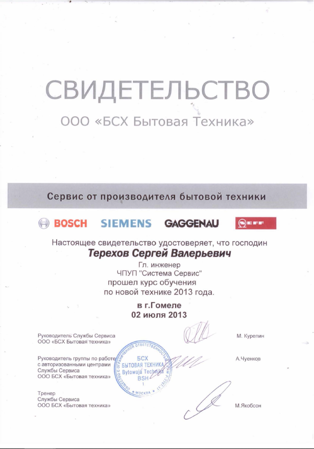 Свидетельство Bosch Siemens 2013